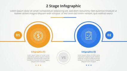 2 points stage template for comparison opposite infographic concept for slide presentation with big circle outline horizontal with flat style