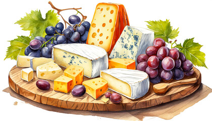 Board with various cheeses and grapes isolated on white background art design