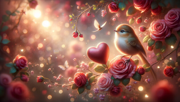 Romantic Bird with Roses and Heart - Valentine's Day Illustration