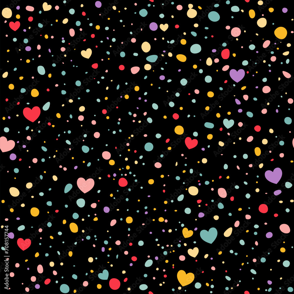 Poster colorful hearts and dots on black background. vector seamless pattern. sprinkle confetti love backgr