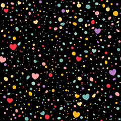 Colorful Hearts and Dots on Black Background. Vector Seamless Pattern. Sprinkle Confetti Love Background