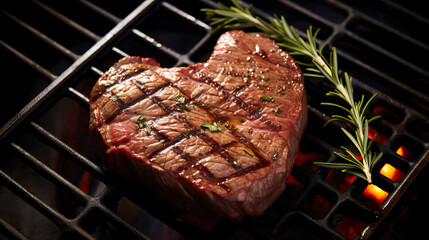 Grilled beef steak in shape of heart for valentine's day - obrazy, fototapety, plakaty