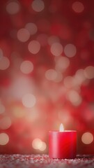 Soft Glow of Solitude: A Single Red Candle Against a Bokeh Background, Vertical Poster or Sign with Open Empty Copy Space for Text 
