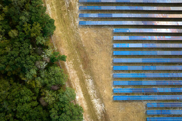 Aerial view of large sustainable electrical power plant with rows of solar photovoltaic panels for...