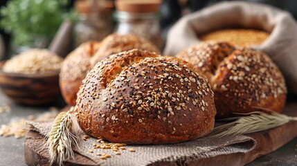 Wheat loaf of bread with sunflower seeds and a "Non-GMO" label on the burlap. Concept: organic baked goods, Healthy food for the diet menu. Bakery baked goods
