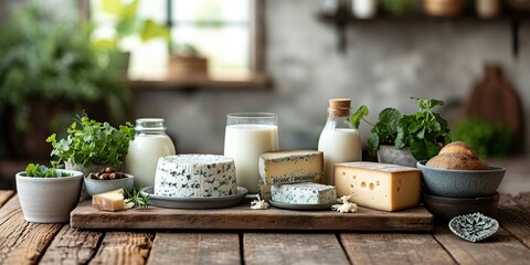 A variety of cheeses and a bottle of milk against the background of a meadow with daisies in the golden light of sunset. Concept: organic healthy food for a diet menu. Dairy products - obrazy, fototapety, plakaty
