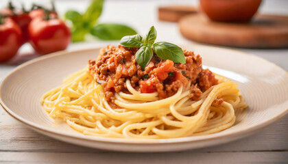 Spagetti with bolognese sauce, tomatoes, pasta and minced meat. Basil leaf on top