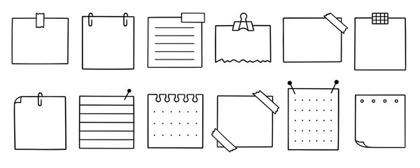 Memo sheets doodle set. Paper page, notes, reminder, sticky for bullet journal in sketch style. Hand drawn vector illustration isolated on white background.