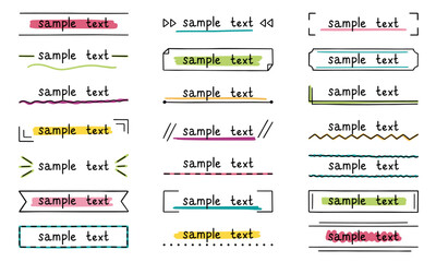 Text title frame doodle set. Simple line tag,. text box, banner, ribbon, design element. in sketch style. Hand drawn vector illustration isolated on white background