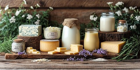 Fototapeta premium A variety of cheeses and a bottle of milk against the background of a meadow with daisies in the golden light of sunset. Concept: organic healthy food for a diet menu. Dairy products