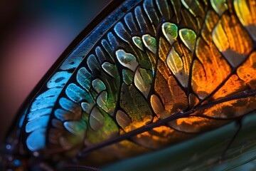 Close-up photo of the vibrant colors and textures of a butterfly s wing, beautiful lighting, back ligthing, multicolours, glowing, using a 105mm macro lens, f 4 aperture, and 1 320 shutter speed, pl - obrazy, fototapety, plakaty