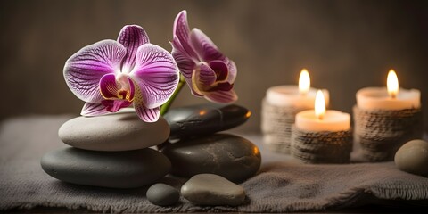 Naklejka na ściany i meble Background of spa center towel candle orchid and massage stones