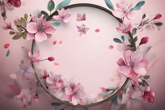 Circle Frame with Pink Watercolor Flowers. Elegant Mother s Day Illustration with copy-space. Generative AI. , .highly detailed, cinematic shot photo taken by sony incredibly detailed, sharpen d