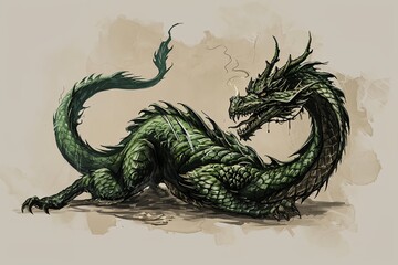 Traditional Green Wood Dragon illustration.