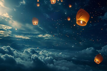 Naklejka premium Floating paper lanterns in the sky.