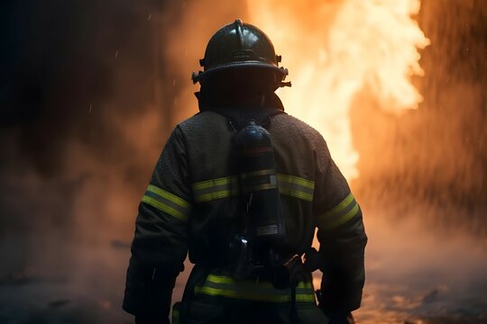 Firefighter fighting against fire, view from behind, 4k, hyper realistic,