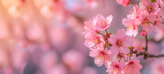 Obraz premium Delicate cherry blossoms in soft focus, with a warm glow of sunlight, heralding the arrival of spring