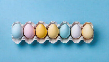 Easter party ideation. Overhead view easter eggs in white, pink, blue, and yellow in carton on an...
