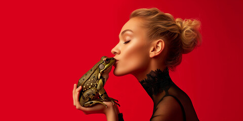 Elegant gekleidete Frau küsst einen Frosch auf der Suche nach dem perfekten Partner - obrazy, fototapety, plakaty