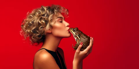 Fototapeten Elegant gekleidete Frau küsst einen Frosch auf der Suche nach dem perfekten Partner © stockmotion