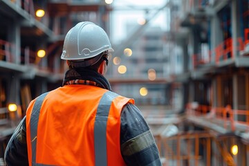 Back view of construction engineer in standard safety looking at the building in the construction site