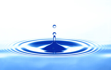 closeup, macro of water drop dripping on a water surface, causing circular waves