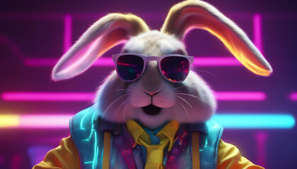 Easter party concept. Cool easter bunnys in sunglasses on a party.