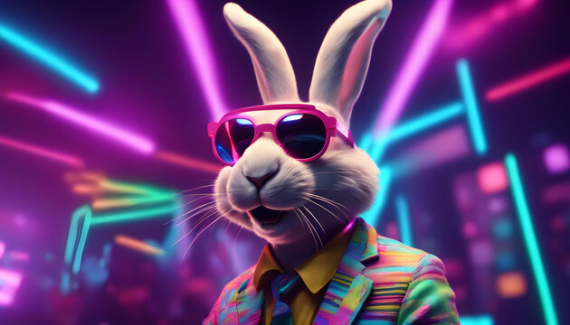 Easter party concept. Cool easter bunnys in sunglasses on a party.