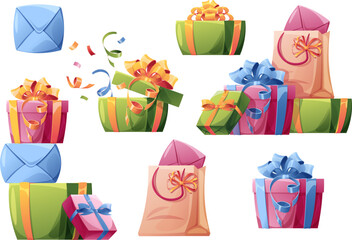 Birthday party elements. Set of gift boxes with bows on isolated background. A bunch of bright gifts for birthdays, Christmas, holidays. Great for stickers postcards banners.