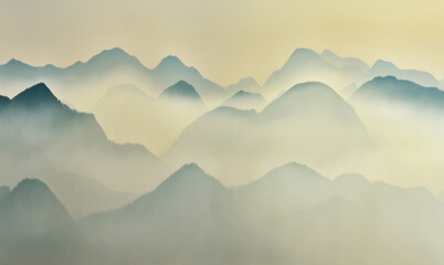 silhouettes of morning mountains. foggy morning in the Carpathians. Mountain landscape - obrazy, fototapety, plakaty