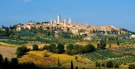 Fototapeta na wymiar town view, town scape, cityscape of San Gimignano in autumn, gender tower, countryside, in fall, fields of olive trees, wineyard, Tuscany, Italy, Europe