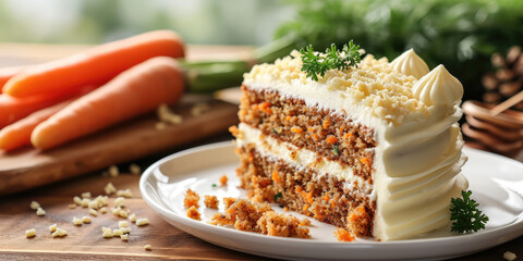 Elegant layered Carrot Cake Delight. Carrot cake with cream cheese frosting and decorated in kitchen background.