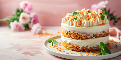 Obraz na płótnie Canvas Elegant Carrot Cake Delight, flowers. Carrot cake with cream cheese frosting and decorated in kitchen background.