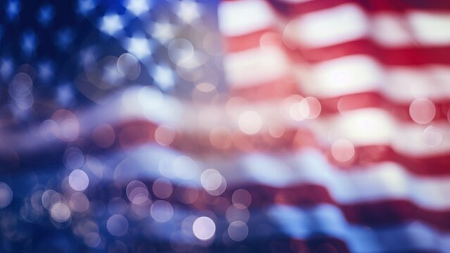 Abstract American Flag: A Defocused Bokeh Lights Background, Horizontal Poster or Sign with Open Empty Copy Space for Text 

