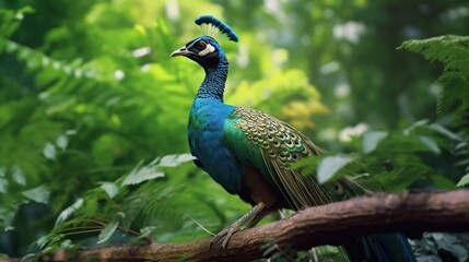 Peacock in natural habitat perched on tree