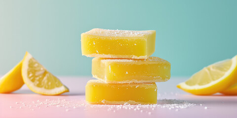 Zesty Lemon Bars dessert. Stack of lemon bars dusted with sugar, lemons, on flat background with copy space.