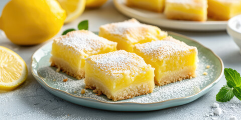 Zesty Lemon Bars dessert. Stack of lemon bars dusted with sugar, lemons, on pink background.