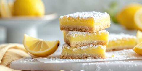 Zesty Lemon Bars dessert. Stack of lemon bars dusted with sugar, lemon slices, on pastel background with copy space.