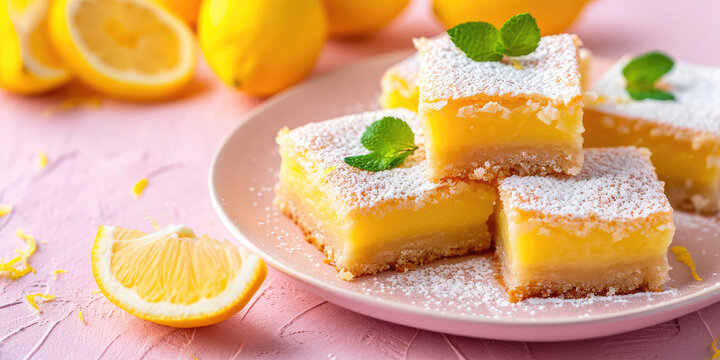 Zesty Lemon Bars dessert. Stack of lemon bars dusted with sugar, lemon slices, on pastel background with copy space.