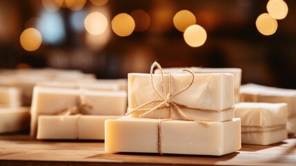 Closeup of a handcrafted bar of soap with minimal, recyclable packaging. - obrazy, fototapety, plakaty