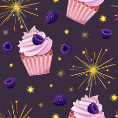Seamless pattern with cupcake decorated with cream, blackberries and sparklers. Birthday muffin background. Festive texture for wrapping paper, cards, fabric, wallpaper.