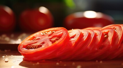 Macro shot of a juicy red tomato being sliced into thin rounds on a wooden ting board.