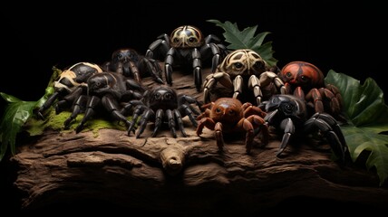 Fototapeta na wymiar Multiple tarantulas on a textured surface, showcasing the diversity of species and their unique markings -Generative Ai 