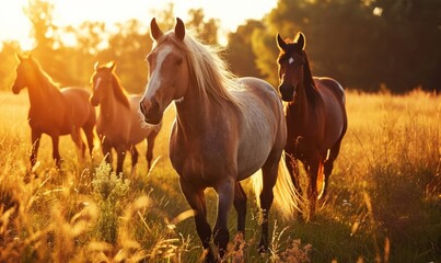 Horses in a field at sunrise, basked in golden light.