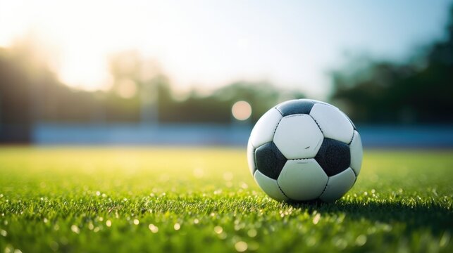 Closeup of a soccer ball resting on the line of the field, waiting to be put into play.