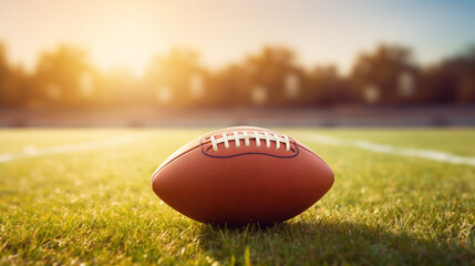 American football.  Soccer ball on playing field. 