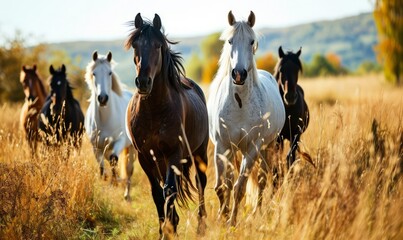 Wild horses walking calmly through a dry meadow. - obrazy, fototapety, plakaty