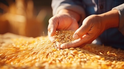 Closeup of a farmers hands carefully inspecting and grading fresh harvested grains. - obrazy, fototapety, plakaty
