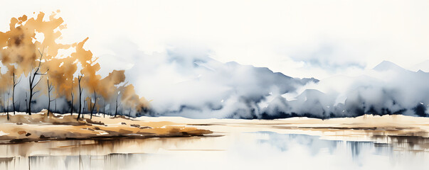 Minimalistic watercolor landscape background. Simple watercolor landscape painting. 
