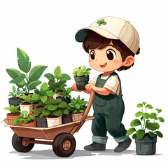 Cartoon Little farmer kid gardening